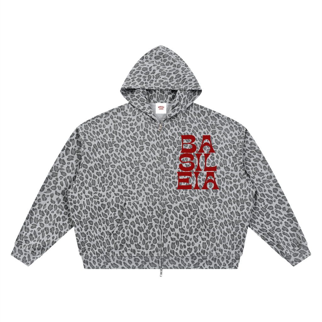 Basileia - Leopard Print Waffle Zip Jacket