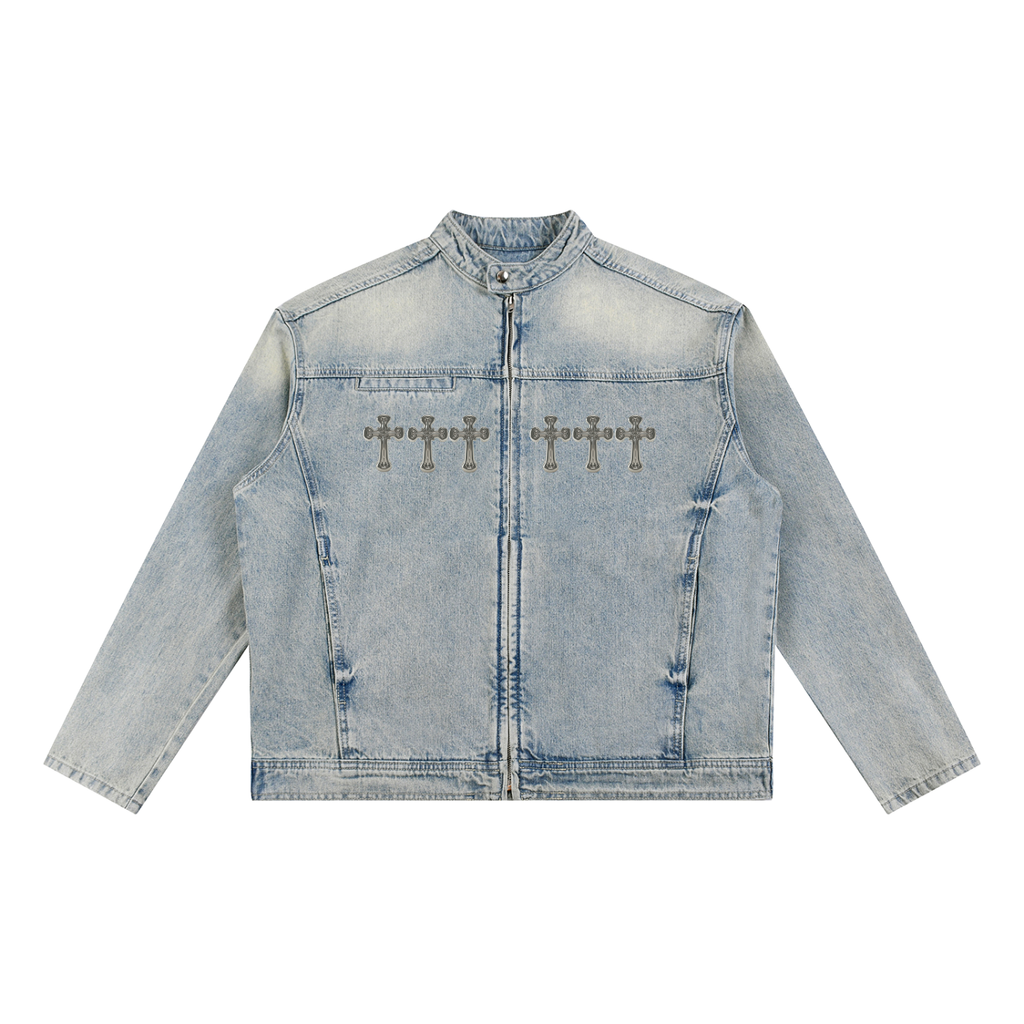 Basileia - Vintage Wash Denim Biker Jacket